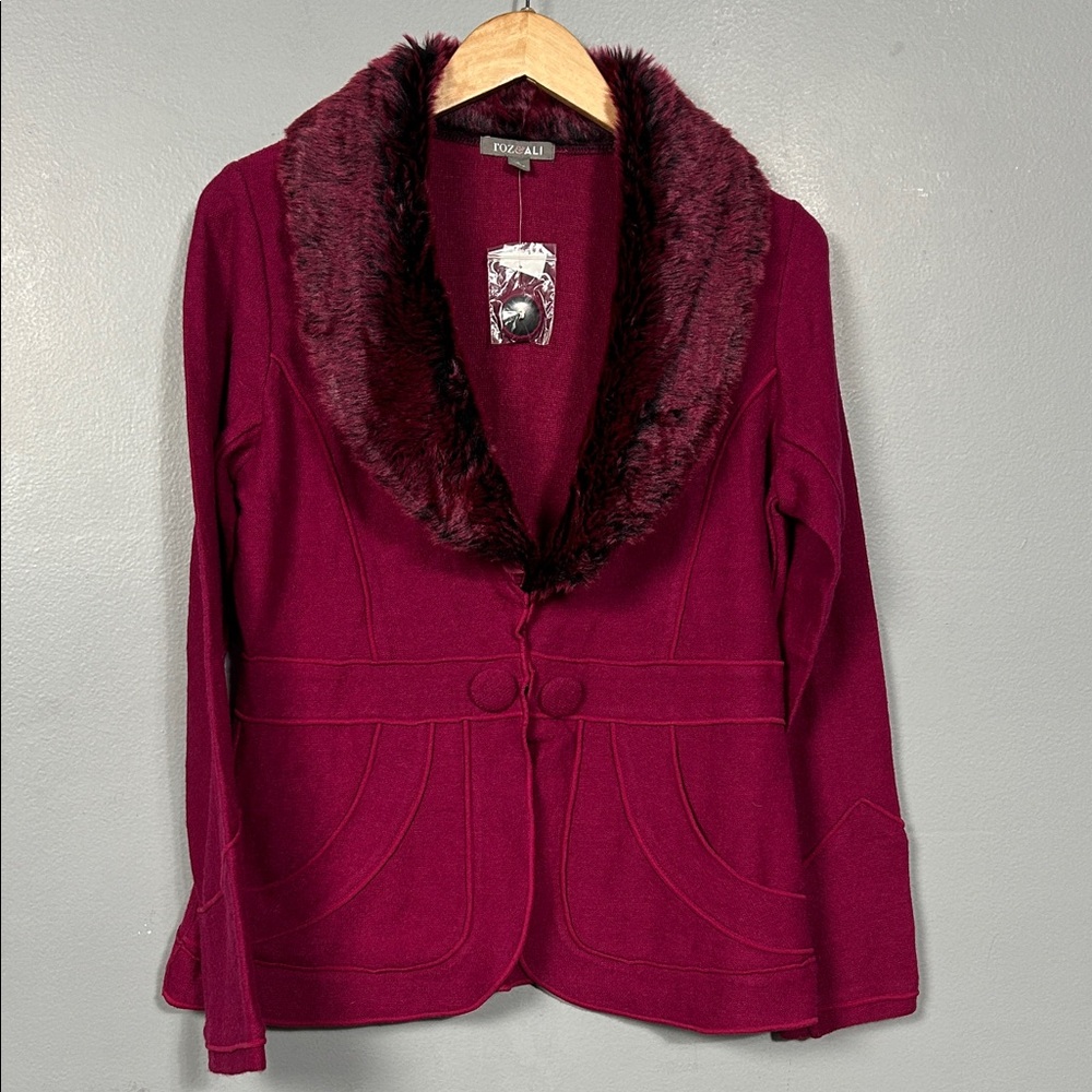 Roz & Ali wool blend sweater blazer with a faux fur collar size Large NWT